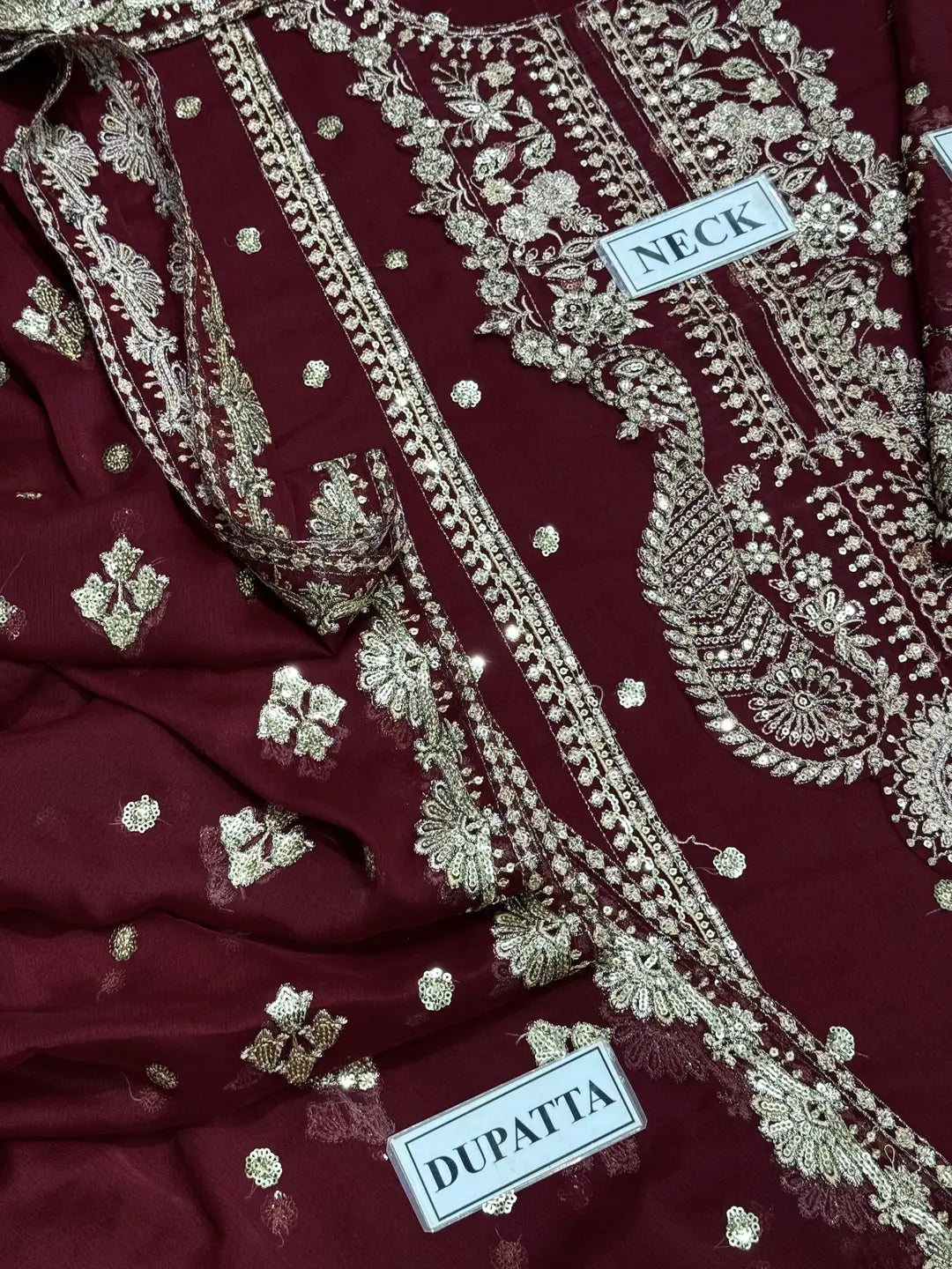3-Piece Festive Chiffon Suit — Deep Maroon