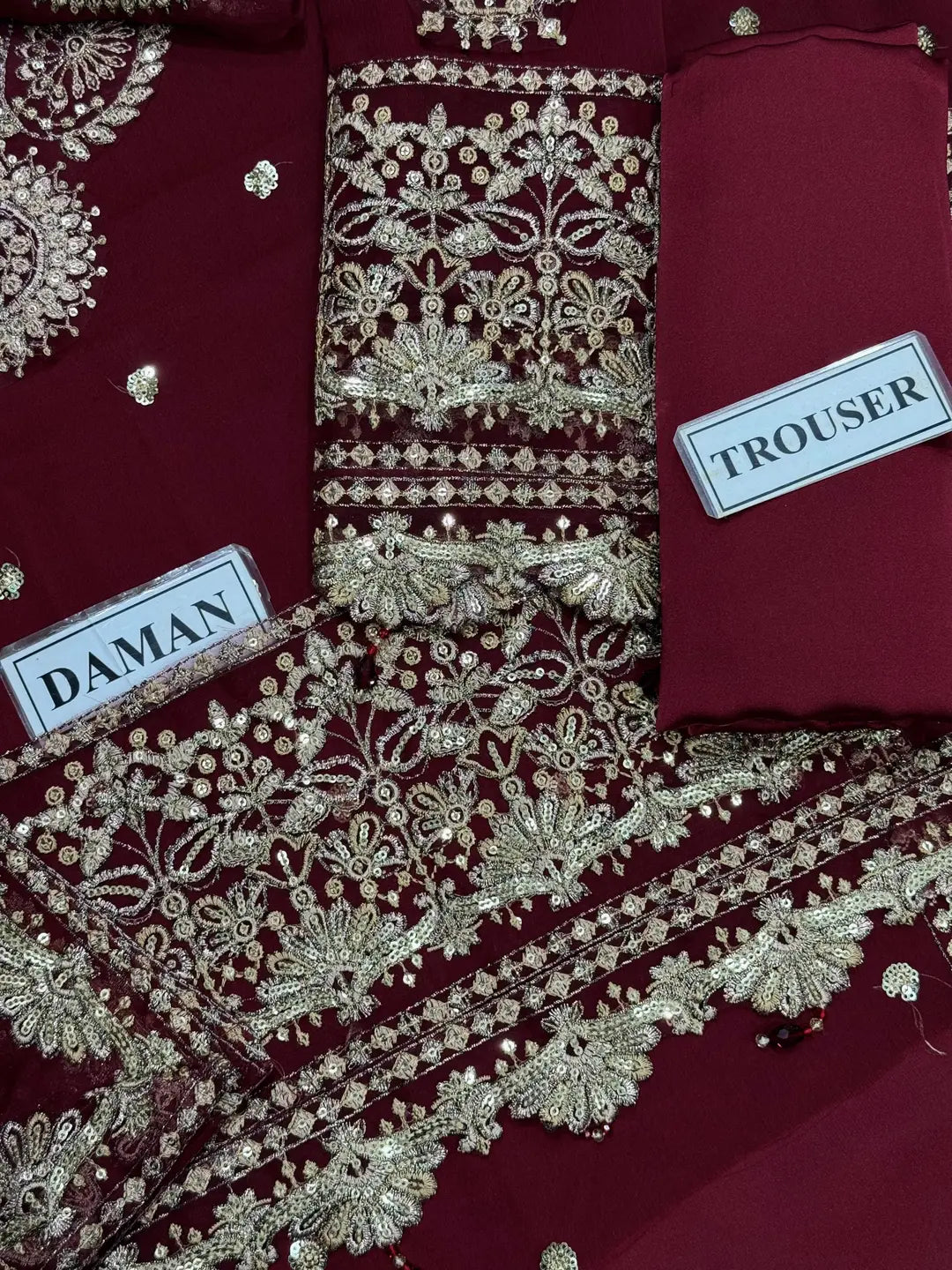 3-Piece Festive Chiffon Suit — Deep Maroon