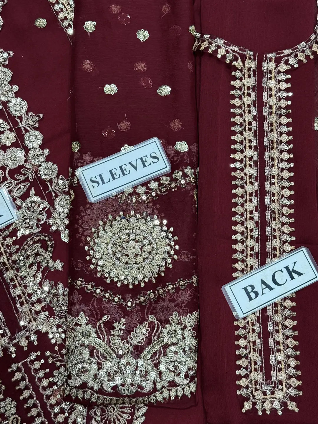 3-Piece Festive Chiffon Suit — Deep Maroon