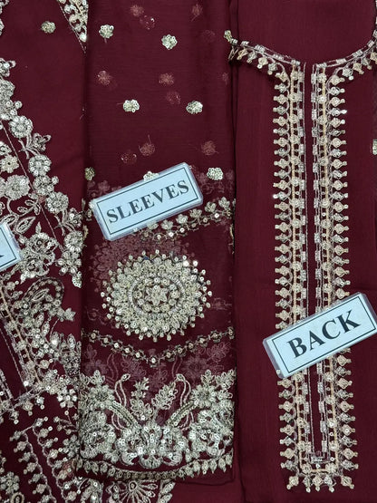 3-Piece Festive Chiffon Suit — Deep Maroon