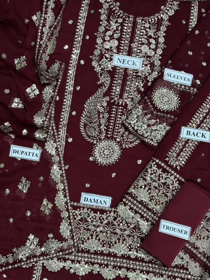 3-Piece Festive Chiffon Suit — Deep Maroon