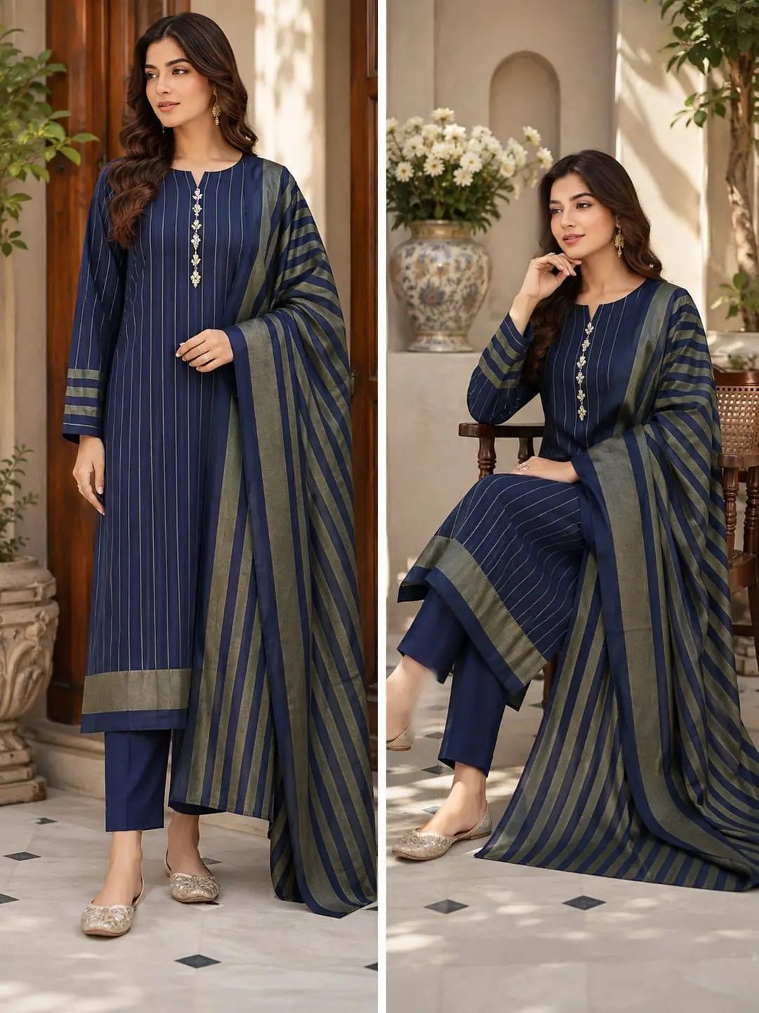 3-Piece Dhanak & Pashmina Shawl Suit — Sapphire Teal