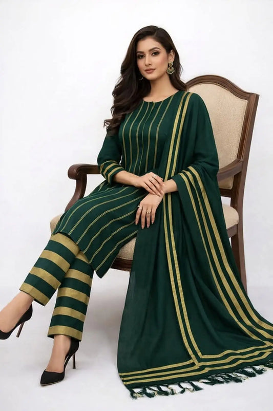 3-Piece Dhanak & Pashmina Shawl Suit — Emerald Forest