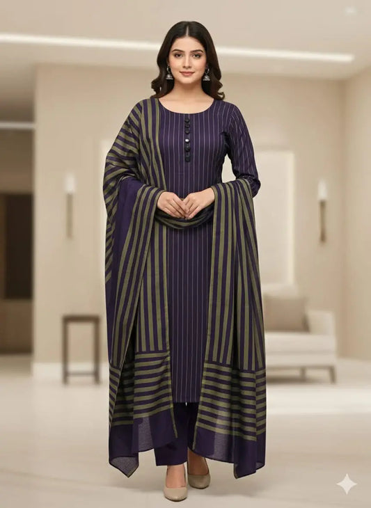 3-Piece Dhanak & Pashmina Shawl Suit — Midnight Blue