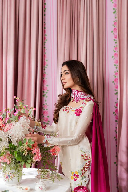 3-Piece Shamoz Silk Suit — Ivory & Fuchsia