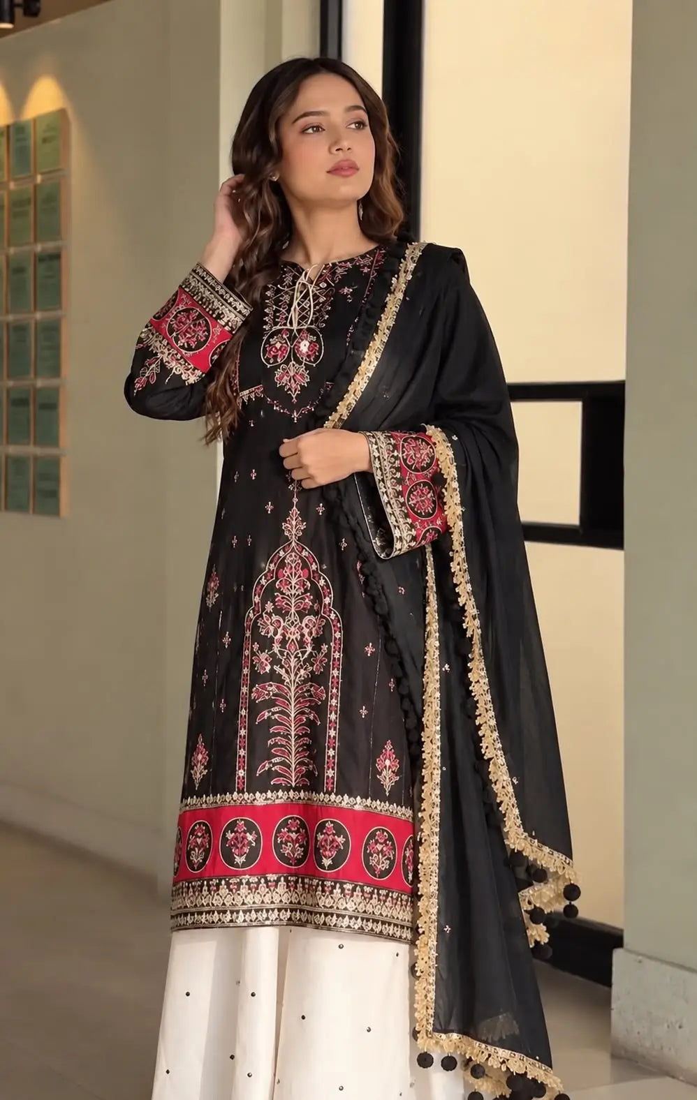 3-Piece Shamoz Silk & Chiffon Suit — Noir & Crimson