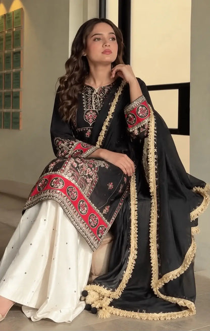 3-Piece Shamoz Silk & Chiffon Suit — Noir & Crimson