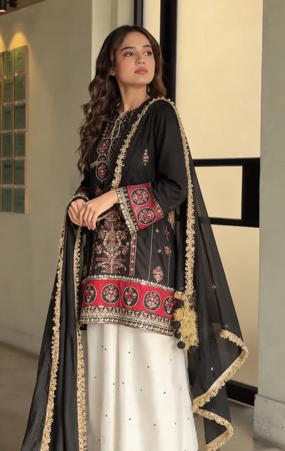 3-Piece Shamoz Silk & Chiffon Suit — Noir & Crimson