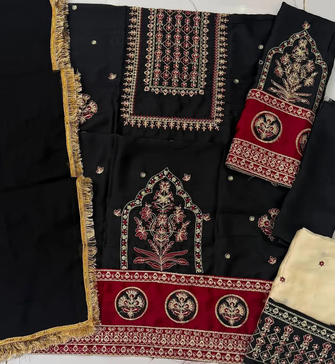 3-Piece Shamoz Silk & Chiffon Suit — Noir & Crimson