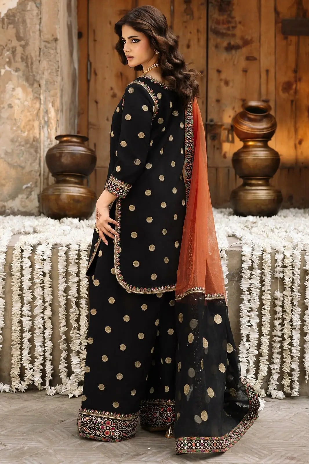 3-Piece Shamoz Silk Suit — Black & Gold Zari