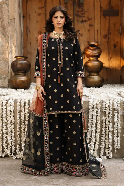 3-Piece Shamoz Silk Suit — Black & Gold Zari