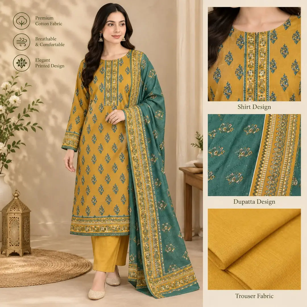 3-Piece Printed Khaddar Suit — Ruby Maroon