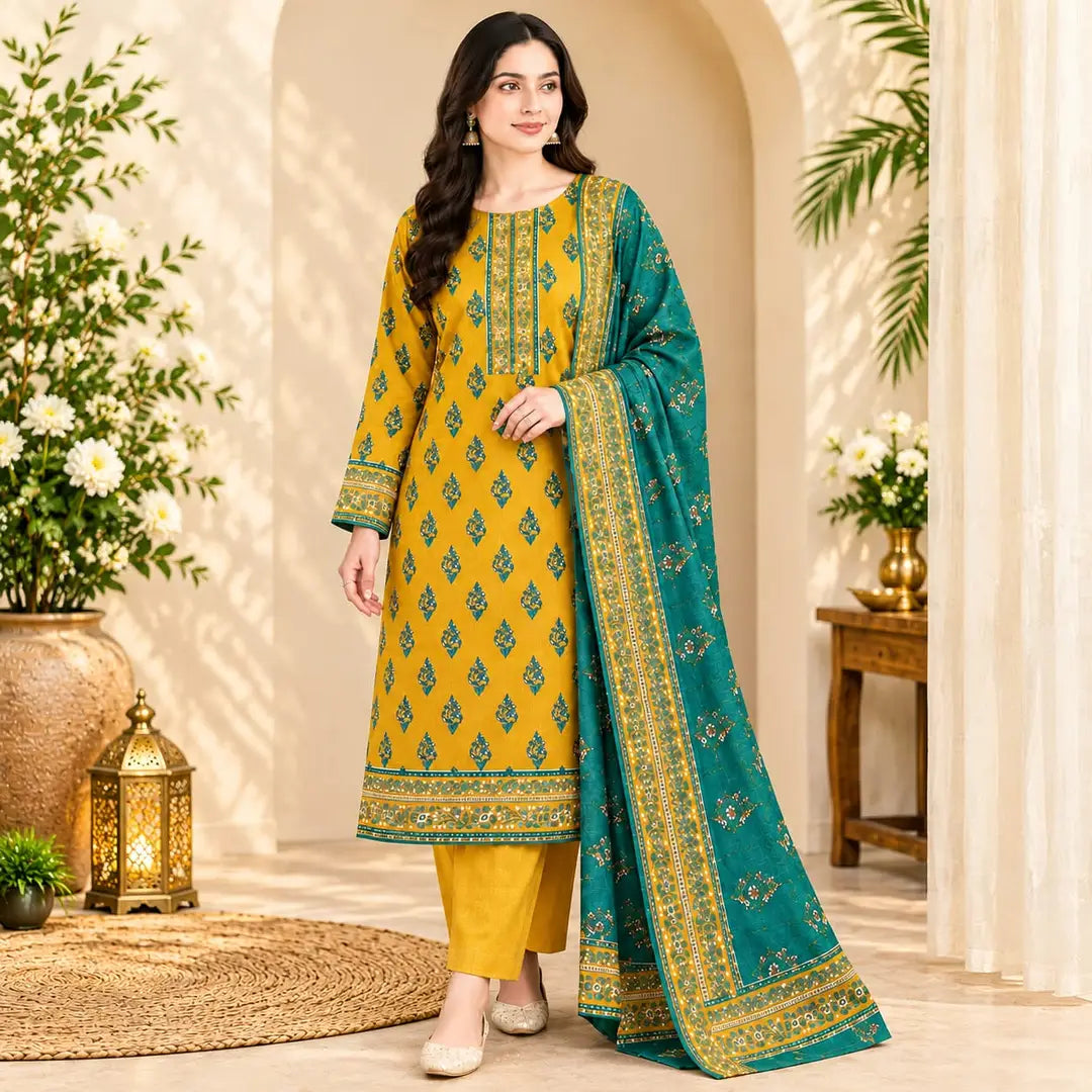 3-Piece Printed Khaddar Suit — Ruby Maroon