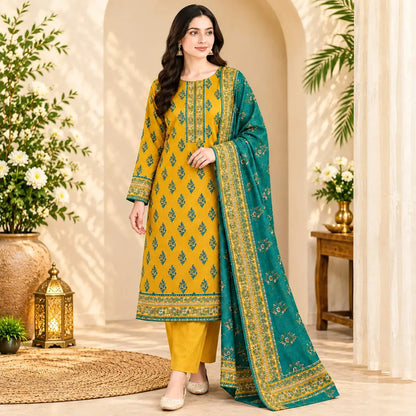 3-Piece Printed Khaddar Suit — Ochre Gold