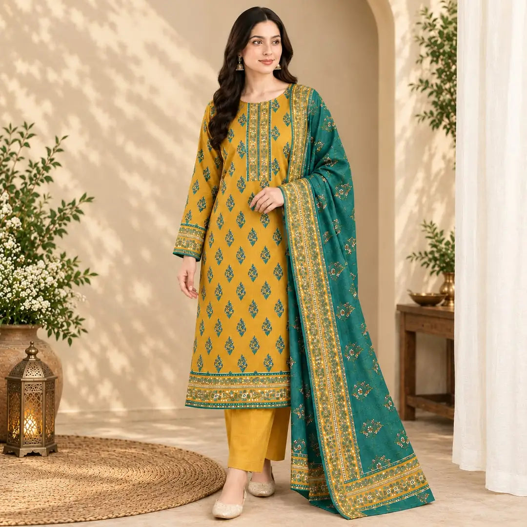 3-Piece Printed Khaddar Suit — Ochre Gold