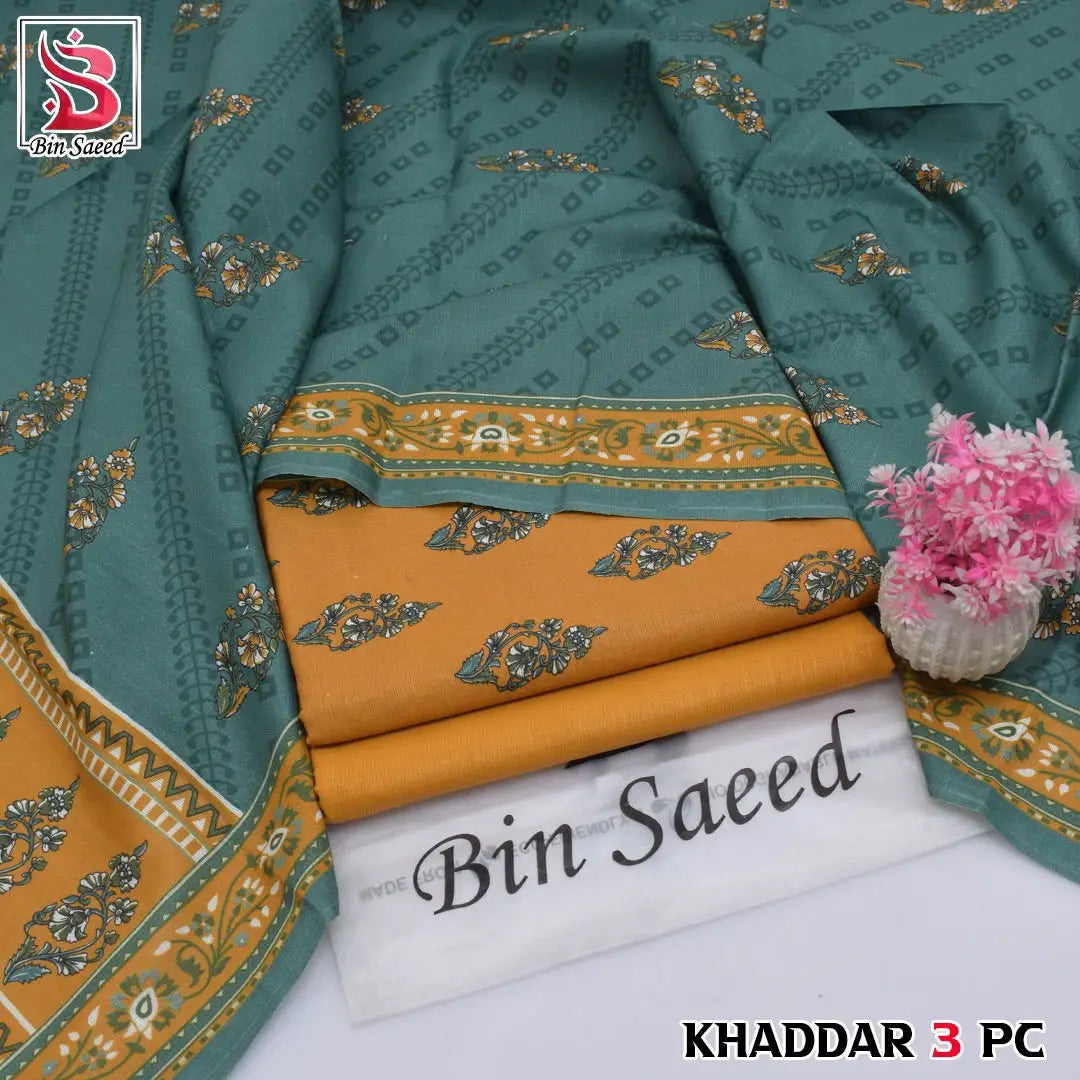 3-Piece Printed Khaddar Suit — Ochre Gold