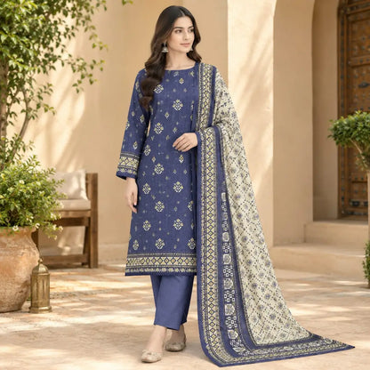 3-Piece Printed Khaddar Suit — Forest Green