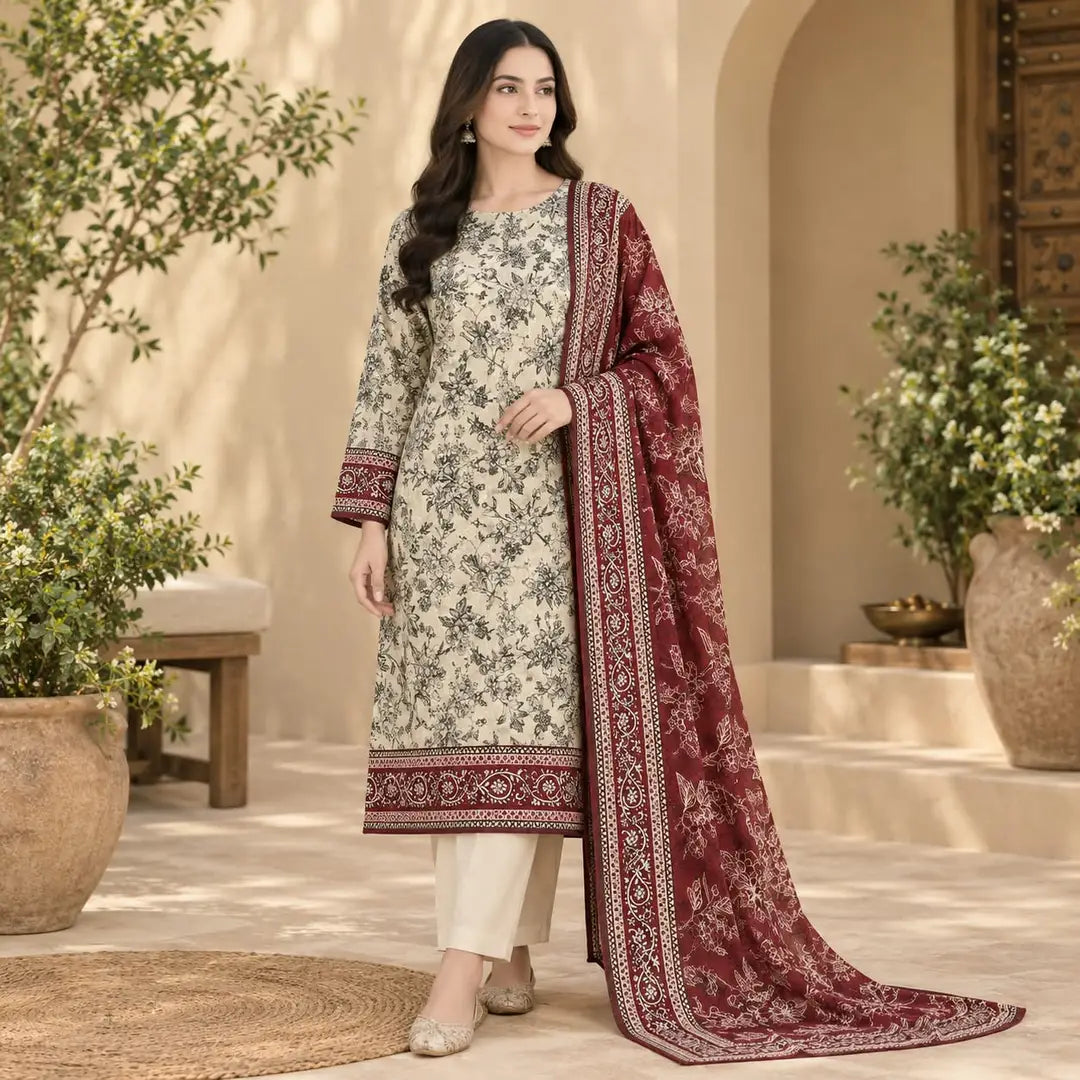 3-Piece Printed Khaddar Suit — Slate Grey
