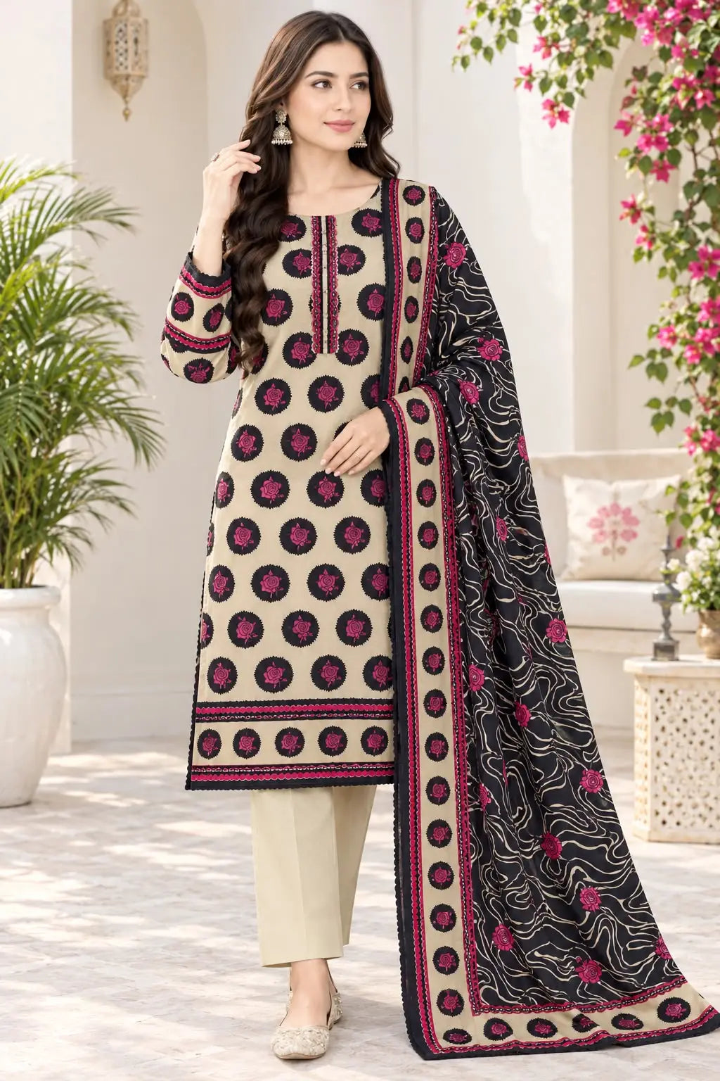 3-Piece Printed Khaddar Suit — Berry Plum