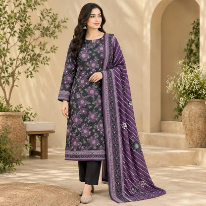 3-Piece Printed Khaddar Suit — Jet Black