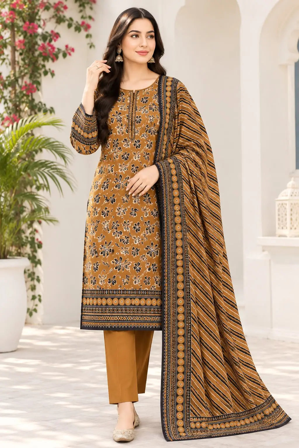 3-Piece Printed Khaddar Suit — Charcoal Slate