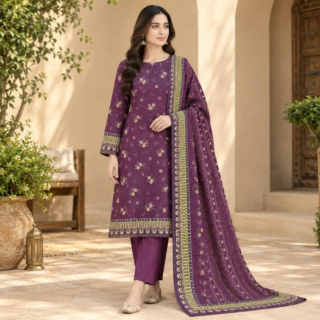 3-Piece Printed Khaddar Suit — Crimson Coral