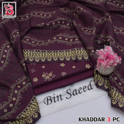 3-Piece Printed Khaddar Suit — Crimson Coral