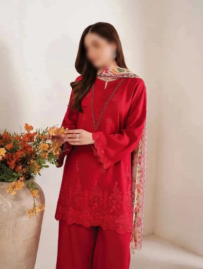 3-Piece Dhanak & Pashmina Shawl — Crimson Scarlet
