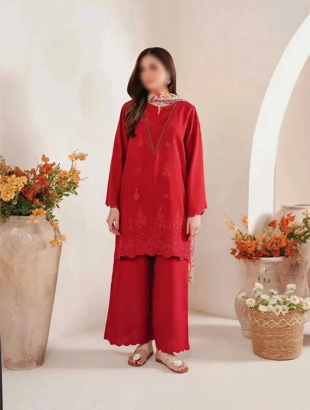 3-Piece Dhanak & Pashmina Shawl — Crimson Scarlet