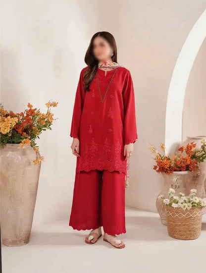 3-Piece Dhanak & Pashmina Shawl — Crimson Scarlet