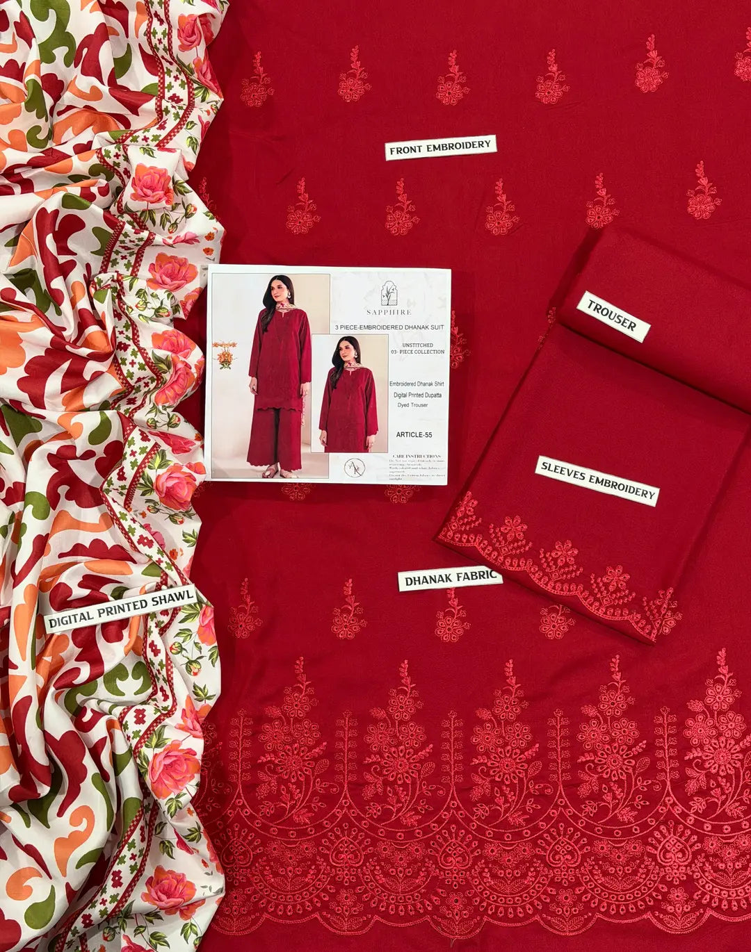 3-Piece Dhanak & Pashmina Shawl — Crimson Scarlet