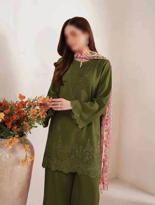 3-Piece Dhanak & Pashmina Shawl — Olive Moss (Chikankari Daman)