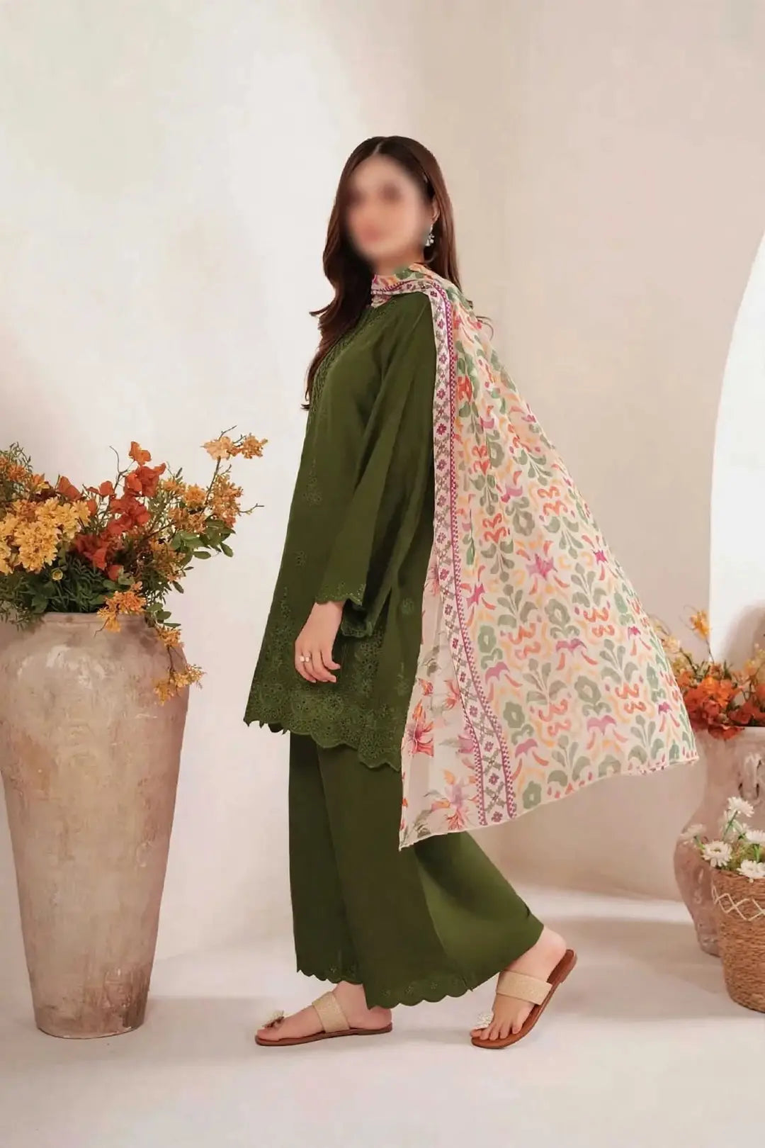 3-Piece Dhanak & Pashmina Shawl — Olive Moss