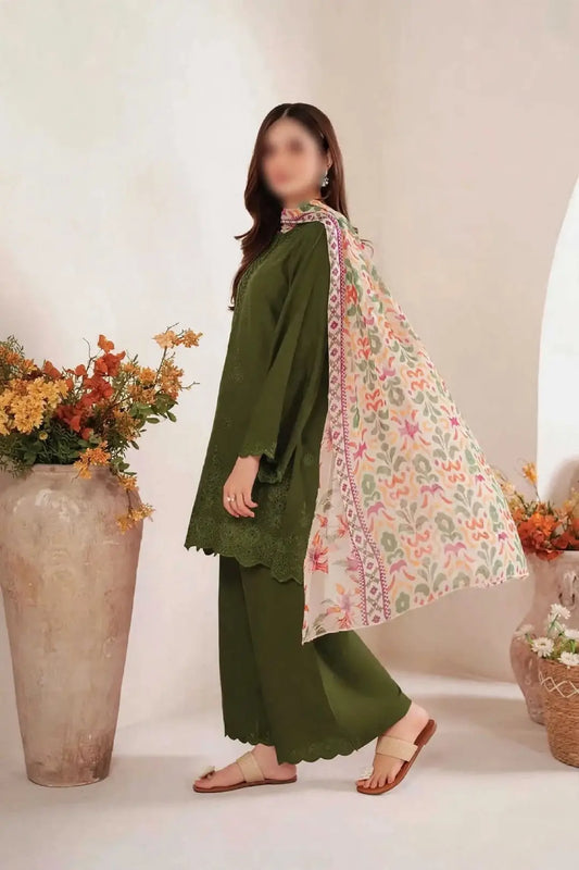 3-Piece Dhanak & Pashmina Shawl — Olive Moss (Chikankari Daman)