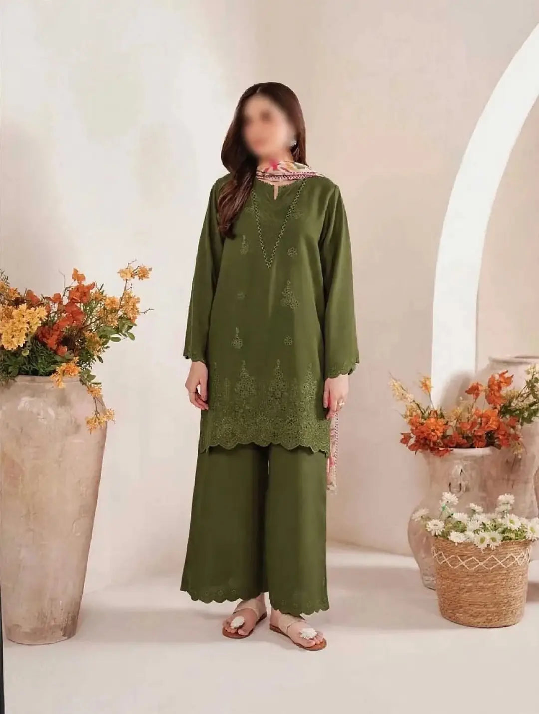 3-Piece Dhanak & Pashmina Shawl — Olive Moss