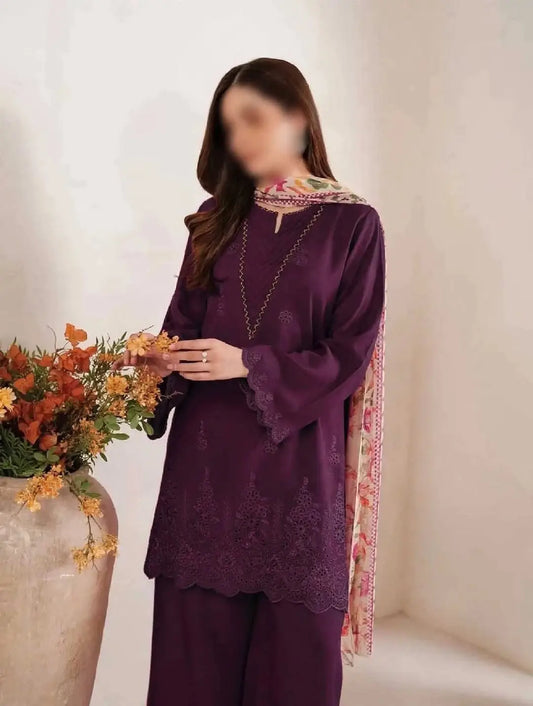 3-Piece Dhanak & Pashmina Shawl — Plum Violet (Chikankari Daman)