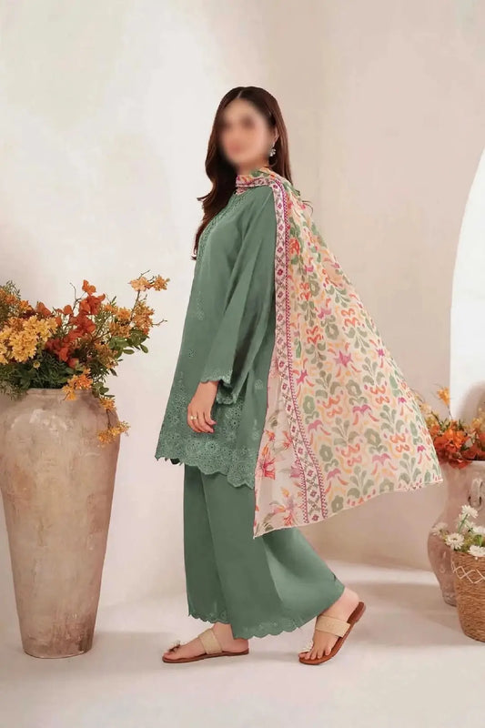 3-Piece Dhanak & Pashmina Shawl — Sage Mint (Chikankari Daman)