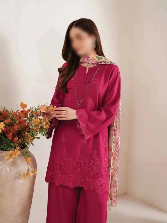 3-Piece Dhanak & Pashmina Shawl — Magenta Rose (Chikankari Daman)