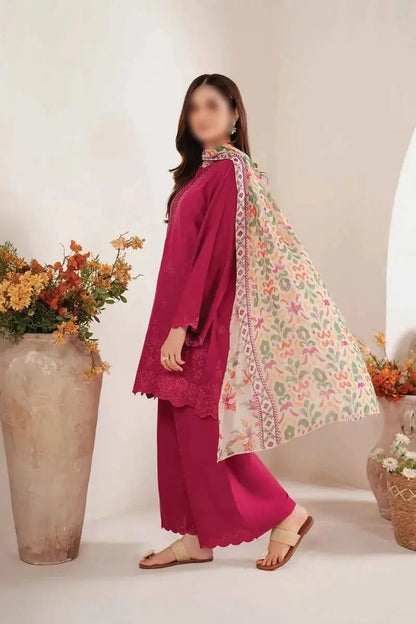 3-Piece Dhanak & Pashmina Shawl — Magenta Rose (Chikankari Daman)