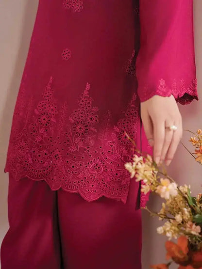 3-Piece Dhanak & Pashmina Shawl — Magenta Rose (Chikankari Daman)