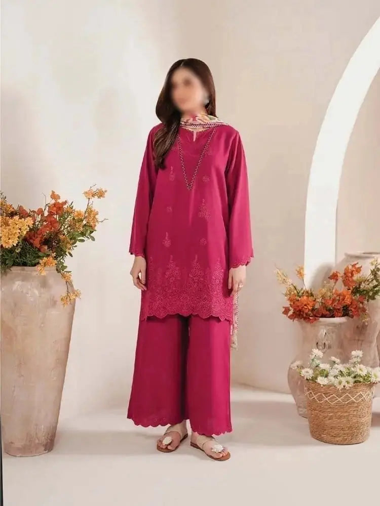 3-Piece Dhanak & Pashmina Shawl — Magenta Rose (Chikankari Daman)