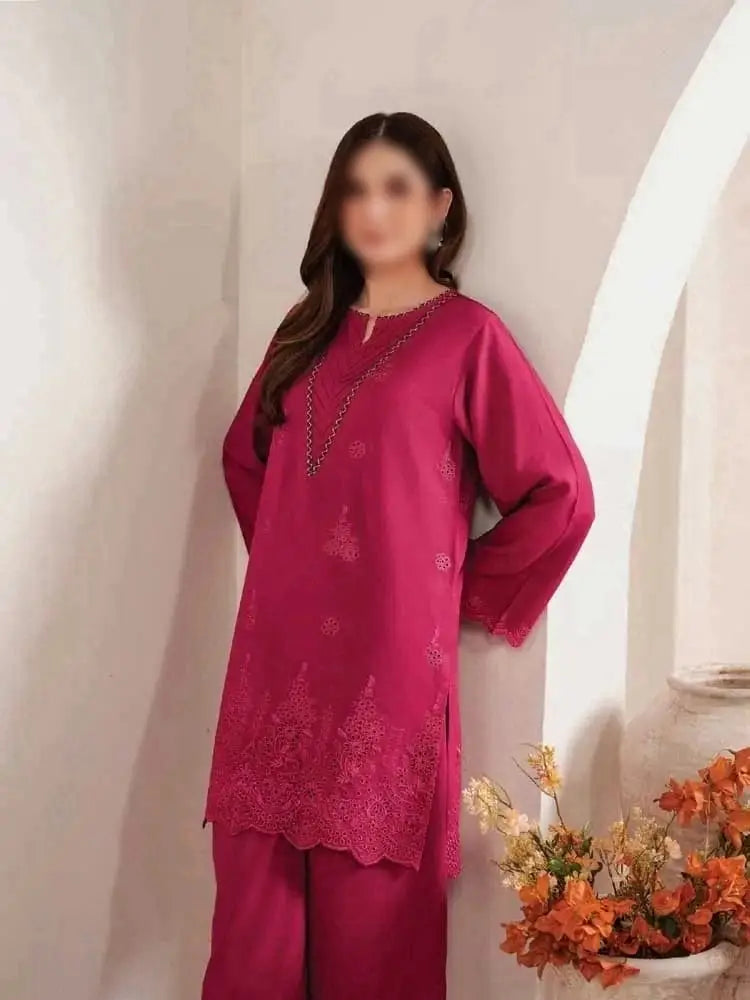 3-Piece Dhanak & Pashmina Shawl — Magenta Rose (Chikankari Daman)