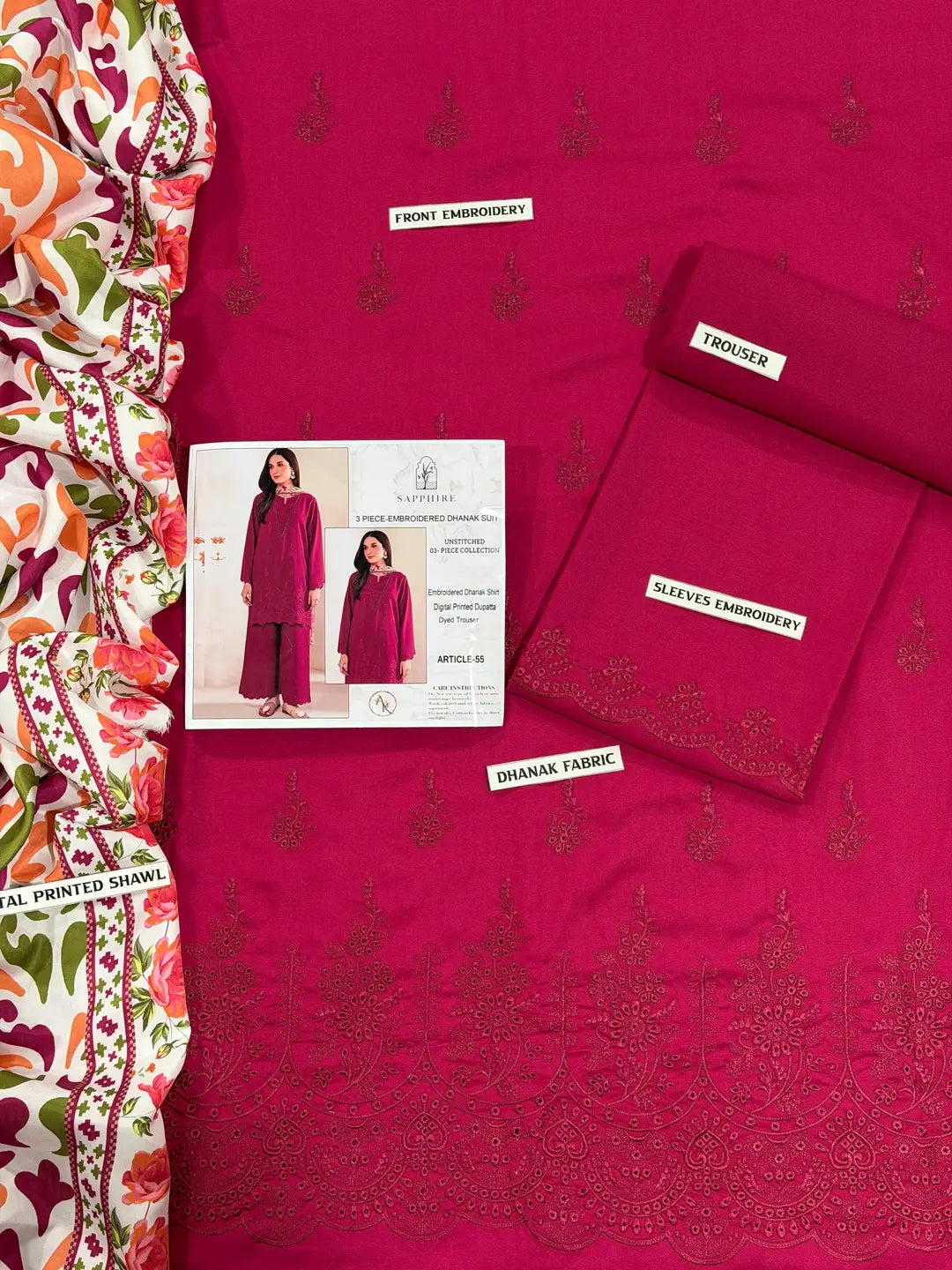 3-Piece Dhanak & Pashmina Shawl — Magenta Rose (Chikankari Daman)