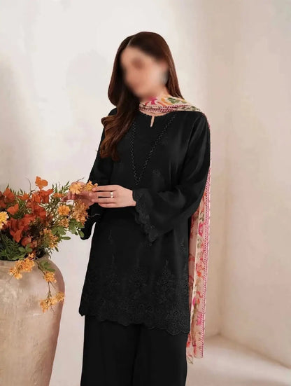 3-Piece Dhanak & Pashmina Shawl — Jet Black (Chikankari Daman)