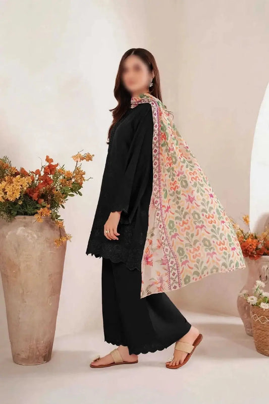 3-Piece Dhanak & Pashmina Shawl — Jet Black (Chikankari Daman)