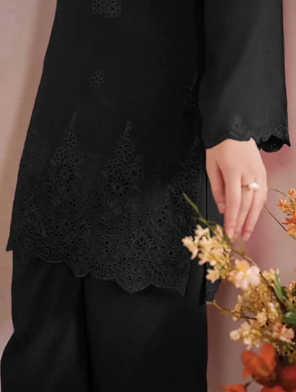 3-Piece Dhanak & Pashmina Shawl — Jet Black (Chikankari Daman)