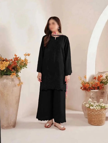 3-Piece Dhanak & Pashmina Shawl — Jet Black (Chikankari Daman)
