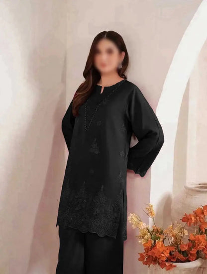 3-Piece Dhanak & Pashmina Shawl — Jet Black (Chikankari Daman)