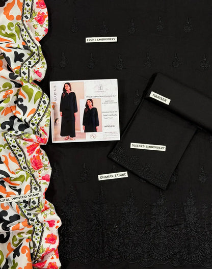 3-Piece Dhanak & Pashmina Shawl — Jet Black (Chikankari Daman)