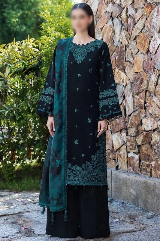 3-Piece Dhanak & Pashmina Shawl — Midnight Emerald (Kashmiri Resham)